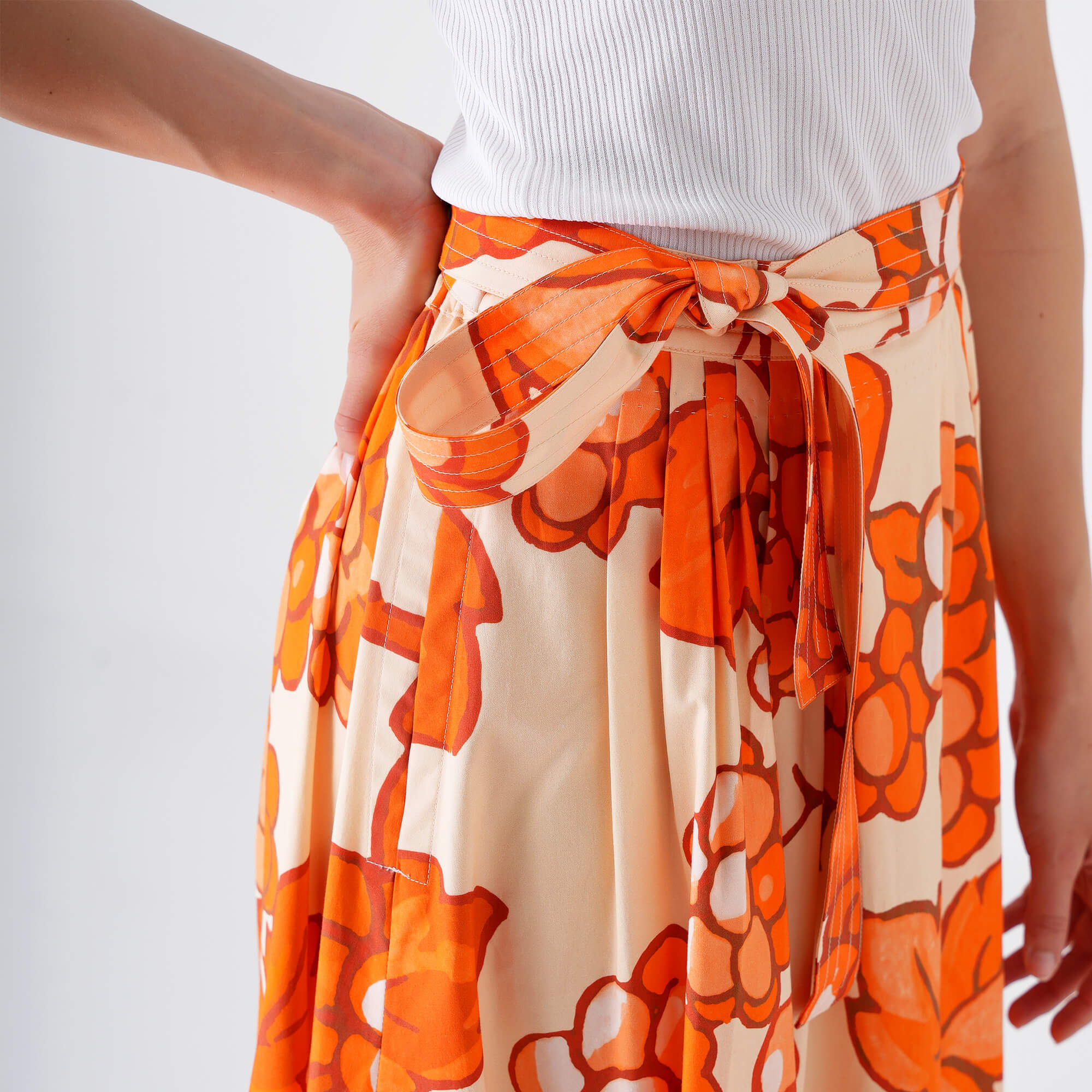 Etro - Orange&Beige Flower Cotton Midi Skirt